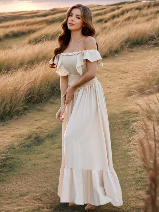 Beige Maxi Dress for Petite Women with Ruffle Sleeves
