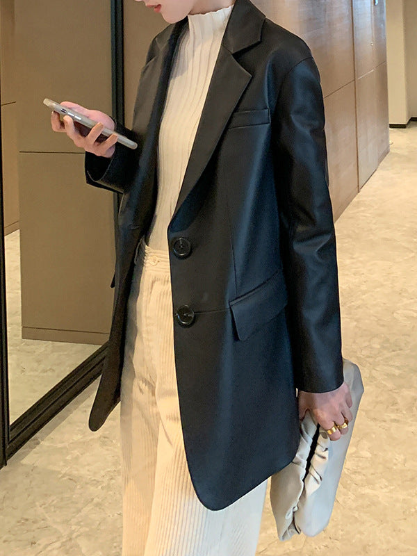 Black genuine leather women blazer jacket