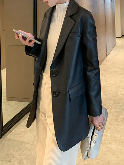 Black genuine leather women blazer jacket