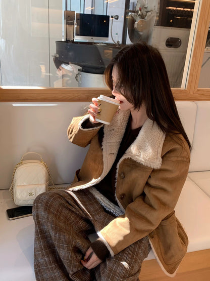 Women Reversible Shearling Wool Coat Winter Fur Jacket