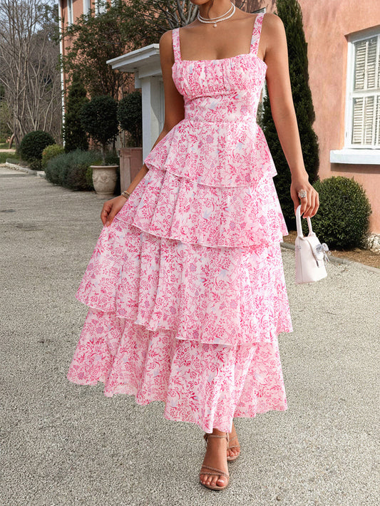 Tiered Chiffon Maxi Dress Pink Floral Ruffle