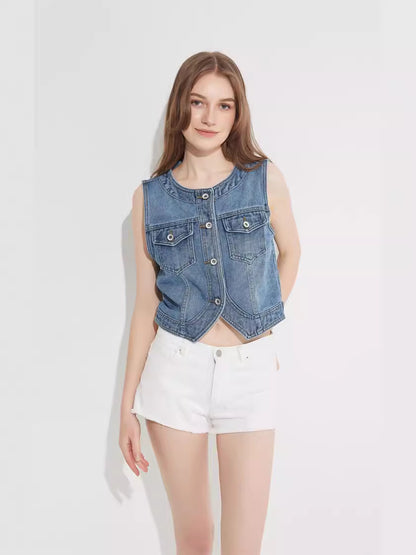 Flap Pocket Button Front Vest Denim Jacket