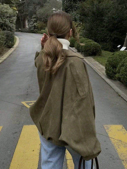 Women Faux Suede Textured Pilot Jacket Oversized