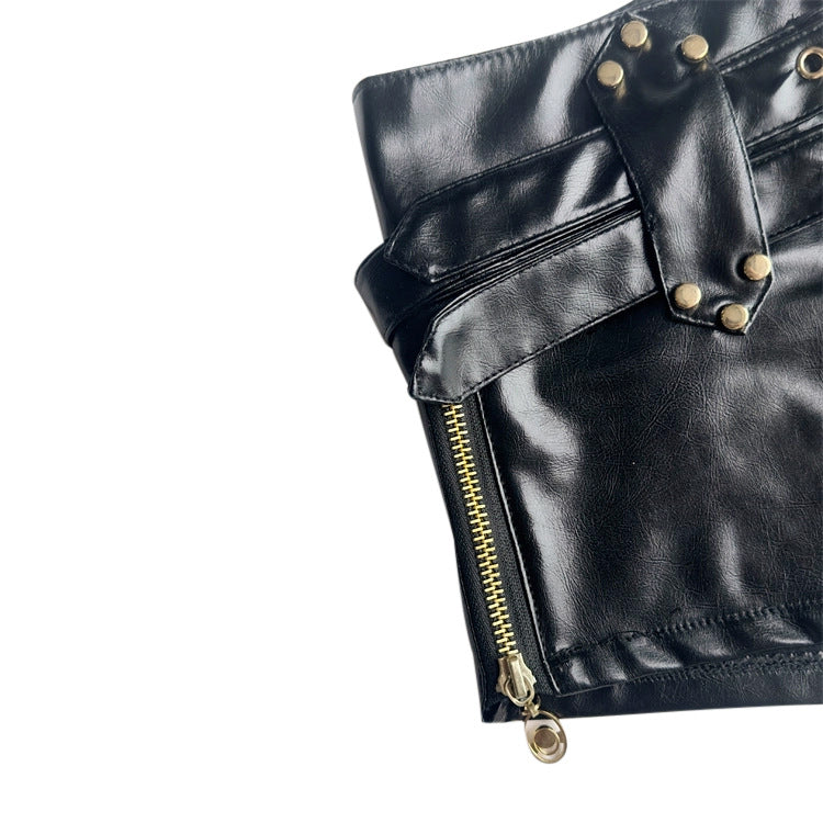 Black faux leather shorts with belted low rise fit