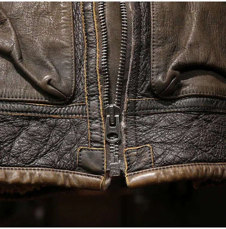 Men Shearling Bomber Leather Jacket With Wool Lining