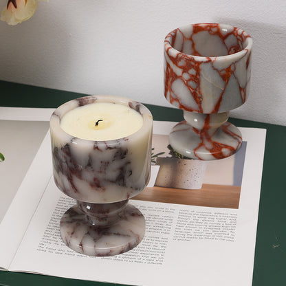 Natural Marble Goblet Candle Holder with Rounded Stem and Red Veining