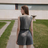 Women Co Ord Two Piece Suit Gray Pinstripe Vest and Shorts
