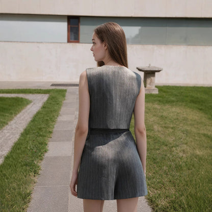 Women Co Ord Two Piece Suit Gray Pinstripe Vest and Shorts