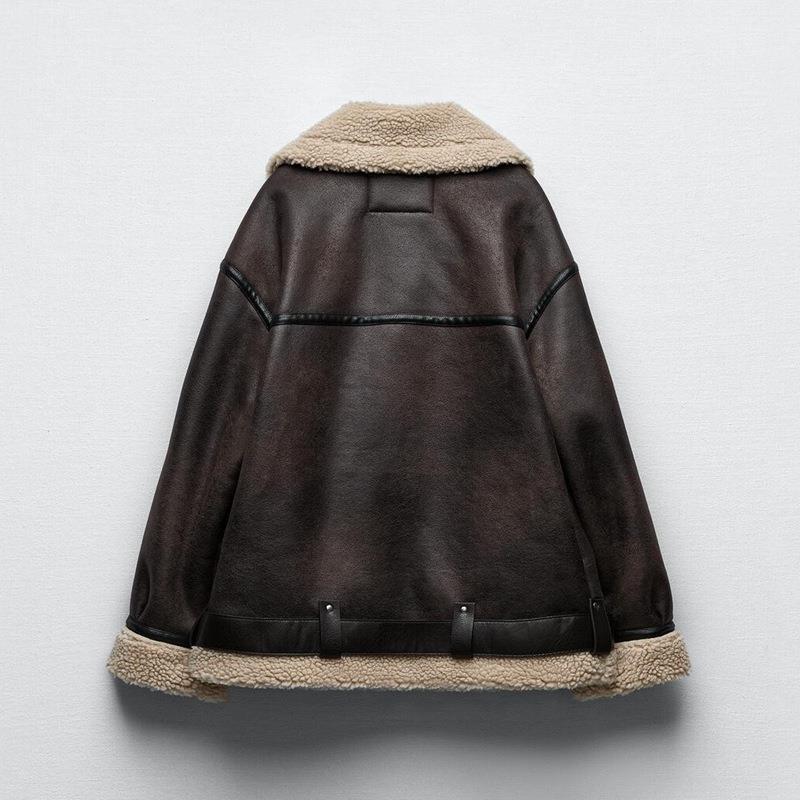 Brown Faux Leather Long Jacket Women Fleece Lined