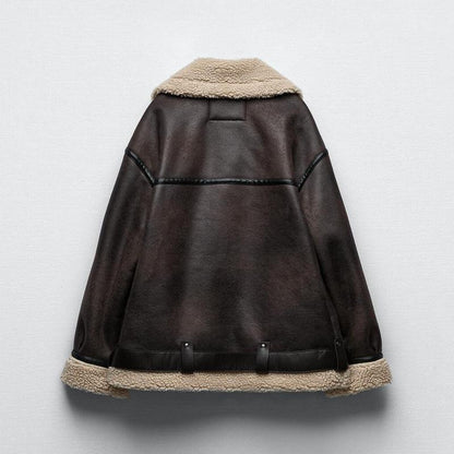 Brown Faux Leather Long Jacket Women Fleece Lined