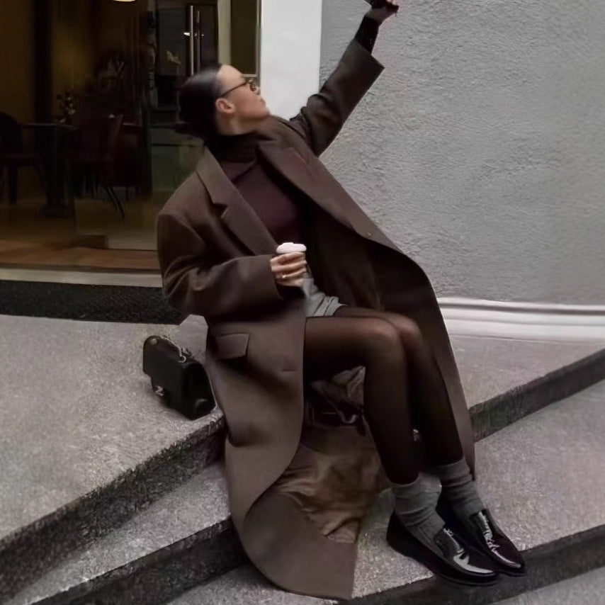 Long brown wool coat women winter outerwear