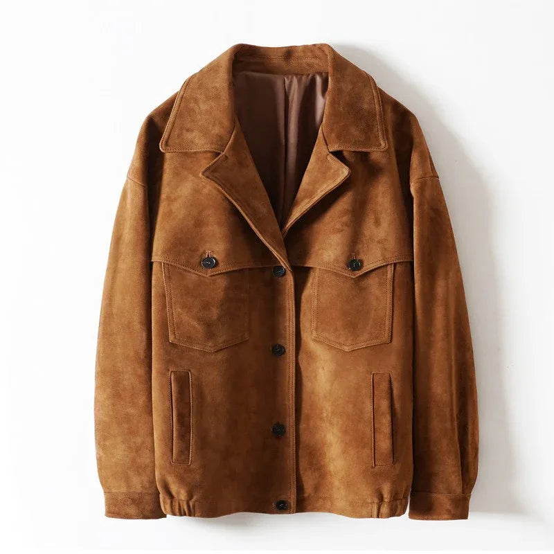 Women’s Sheepskin Suede Brown Button Jacket