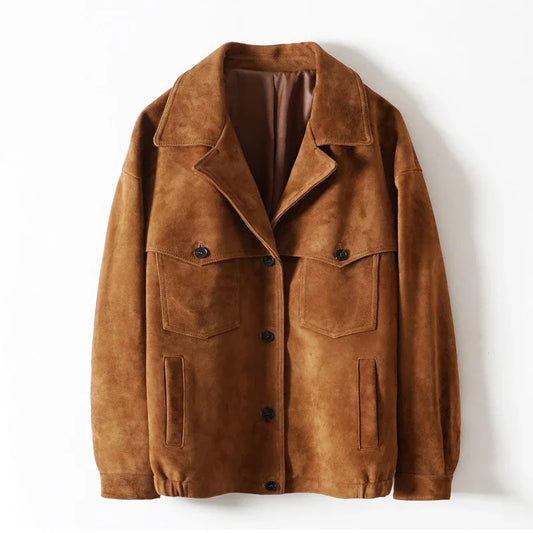Women’s Sheepskin Suede Brown Button Jacket