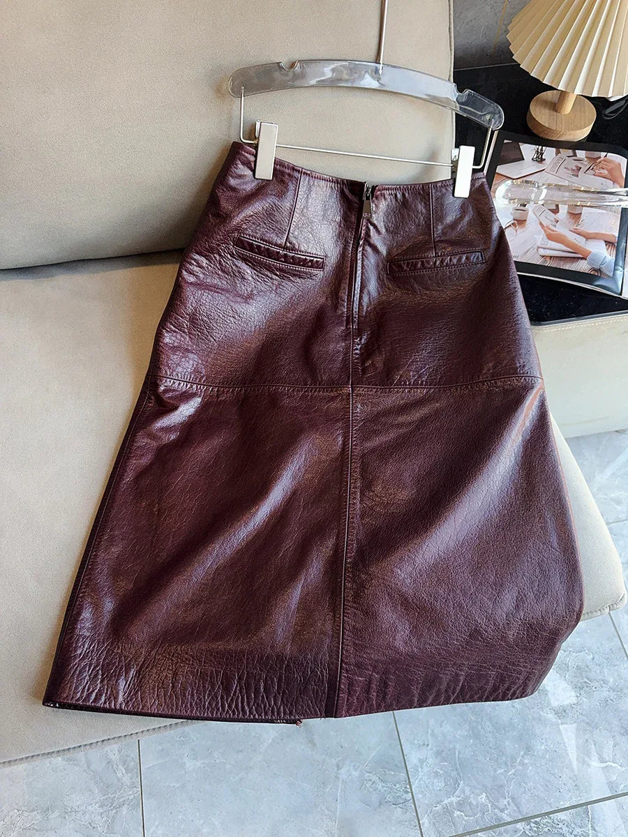 New waxed cowhide slit midi skirt