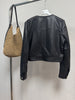 Women Cropped Leather Jacket Round Neck with Gold Buttons