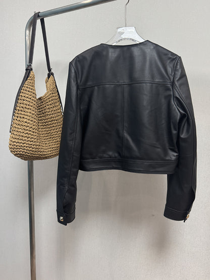 Women Cropped Leather Jacket Round Neck with Gold Buttons