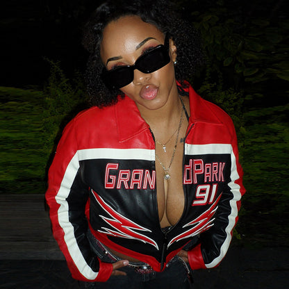 Red Faux Leather Bomber Jacket Women Moto Style