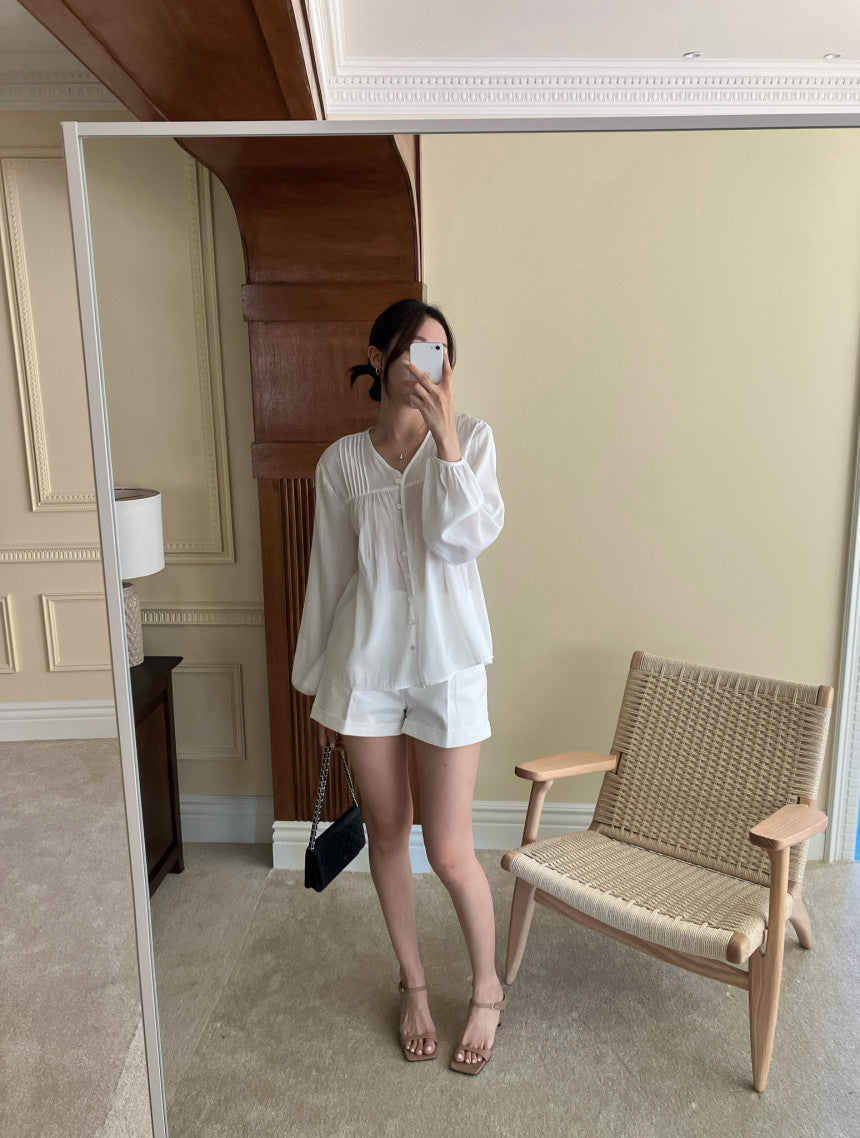 Women's Button Front Puff Sleeve Blouse