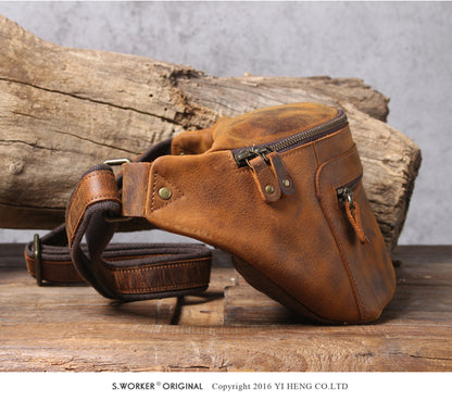 Men’s Crazy Horse Leather Chest Bag Waist Messenger