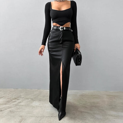 High Waist Leather Slit Straight Skirt