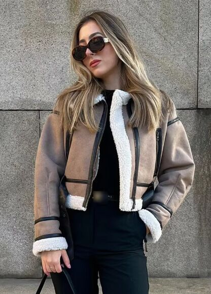 Brown Faux Leather Bomber Jacket for Women with Faux Fur Collar