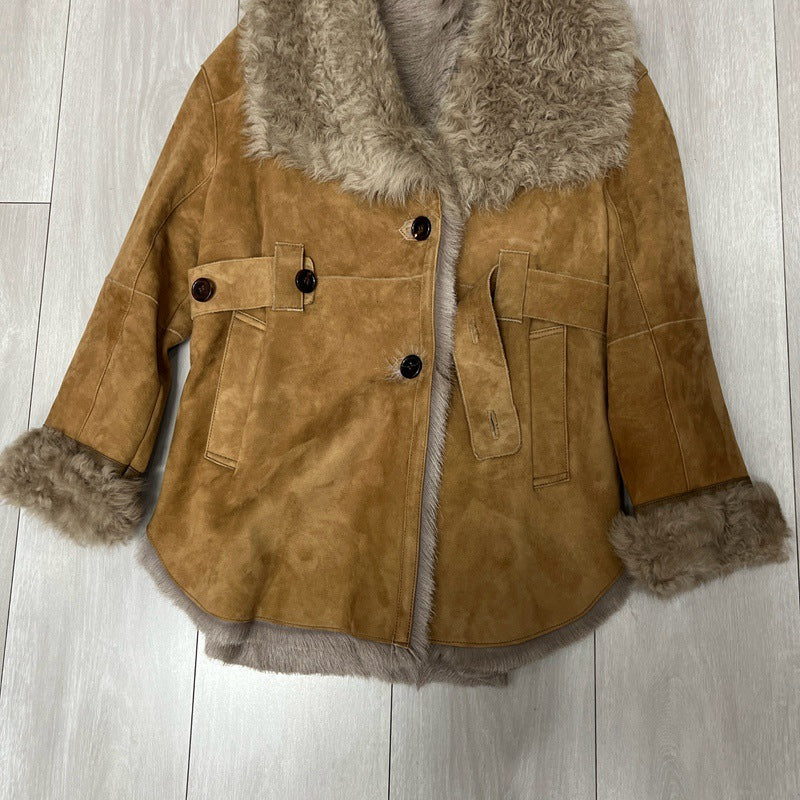 Women’s Suede Trench Coat with Real Fur Collar