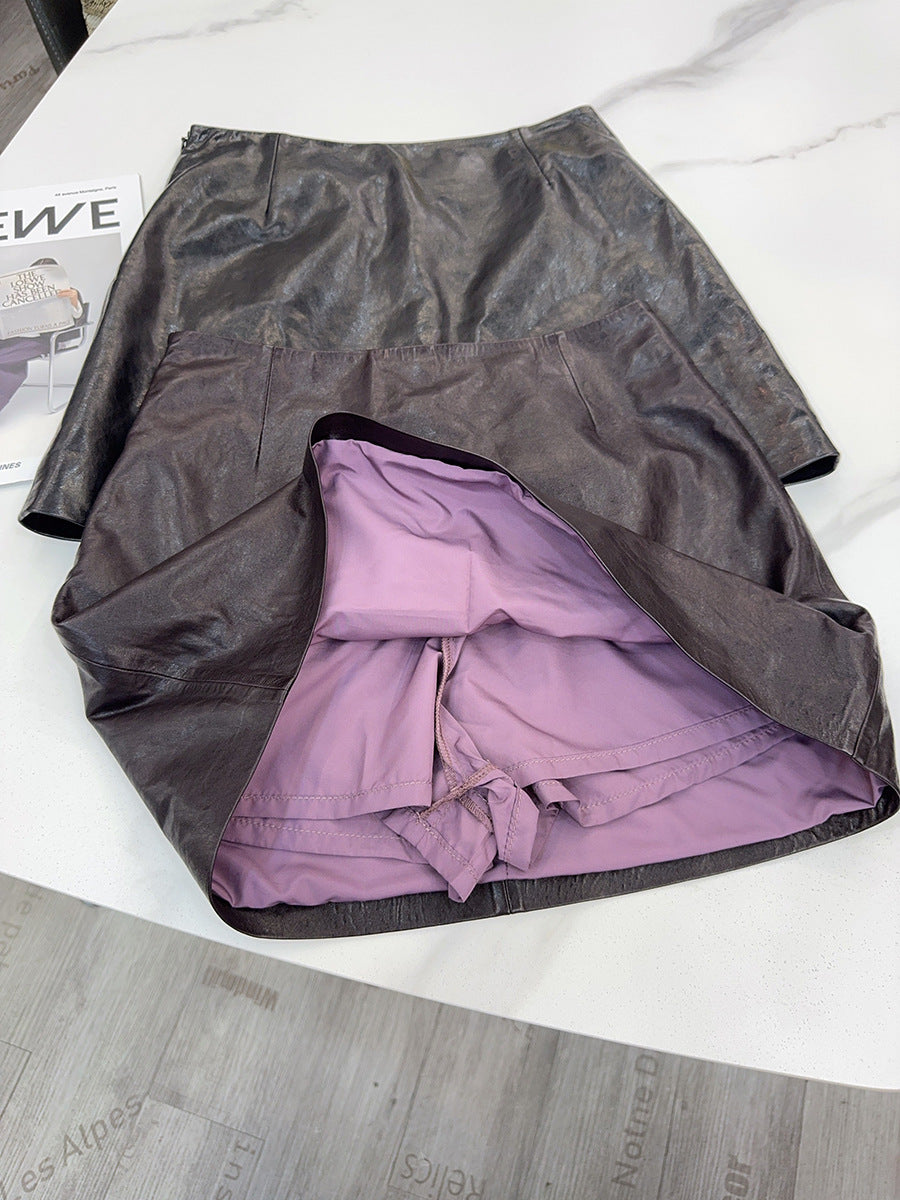 Women’s Leather Mini Skirt High Waist Oil Wax A-Line