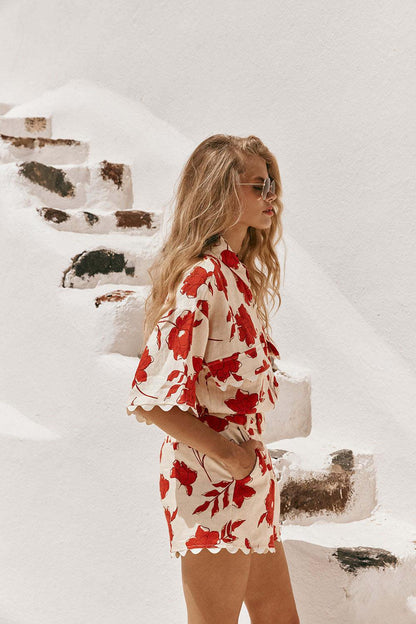 Red floral two piece beach vacation outfit