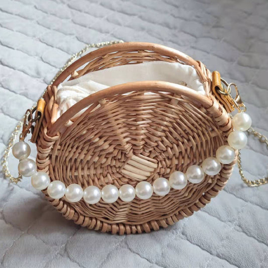 Straw Crossbody Purse Round Woven Bag with Pearl Handle