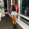 Women's Red Faux Leather Jacket with Cropped Biker Bomber Fit