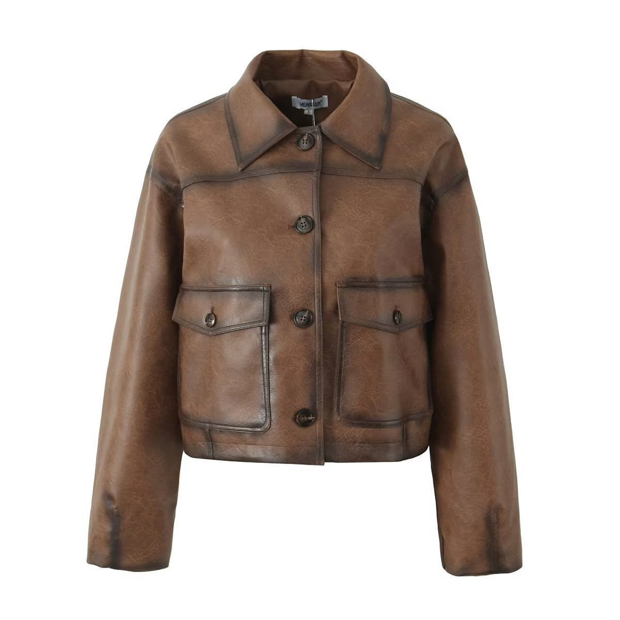 Brown Faux Leather Bomber Jacket for Women Cropped