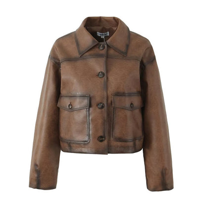 Brown Faux Leather Bomber Jacket for Women Cropped