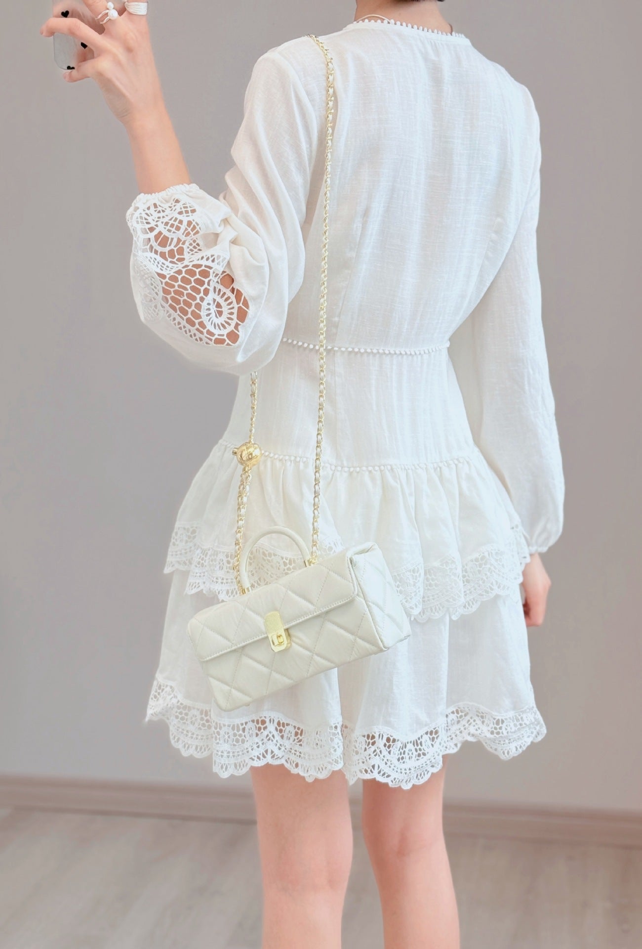 White linen lace v neck resort dress breathable summer mini