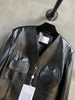 Black Leather Bomber V Neck Jacket Women