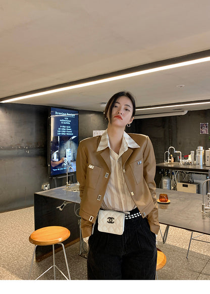 Women Cropped Leather Jacket Short Brown