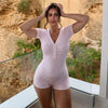 Pink Floral Slim Fit Short Sleeve V-Neck Button Jumpsuit for Women