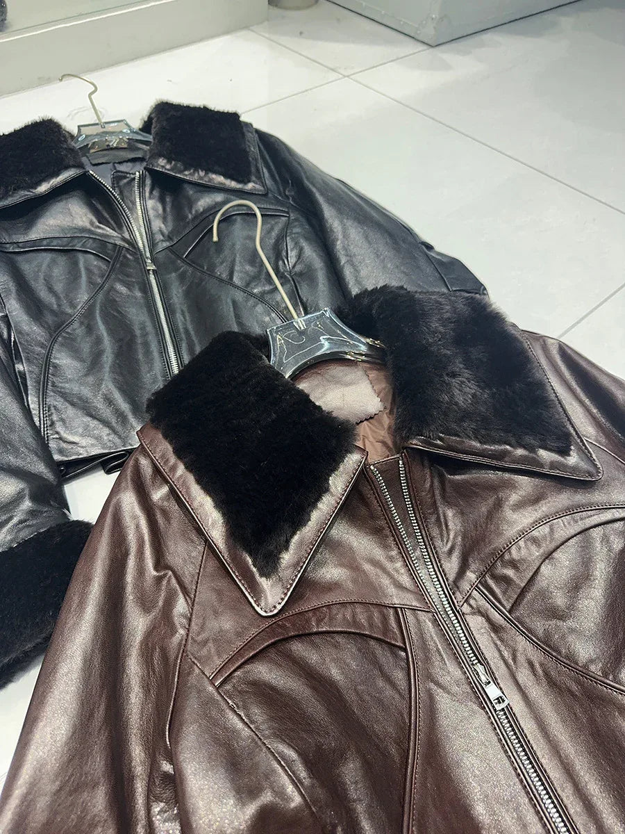 Genuine waxed sheepskin leather jacket with fur