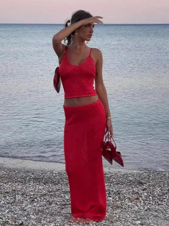 Red beach suspender crop top skirt set