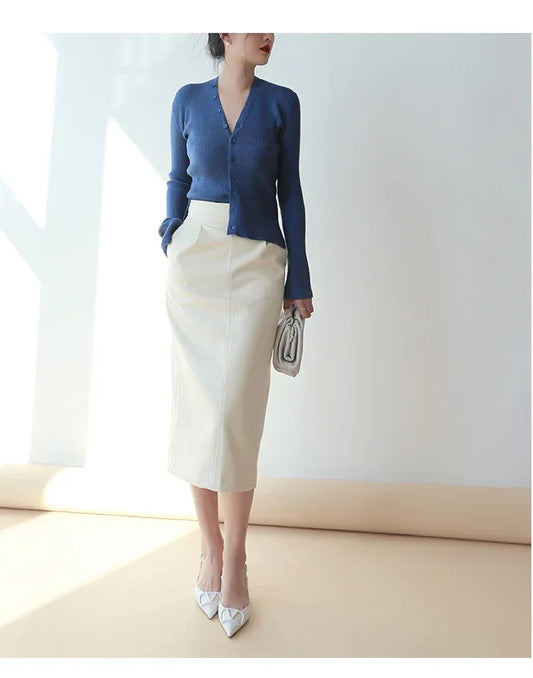 Brown sheepskin mid length bodycon leather skirt with slit 1 S