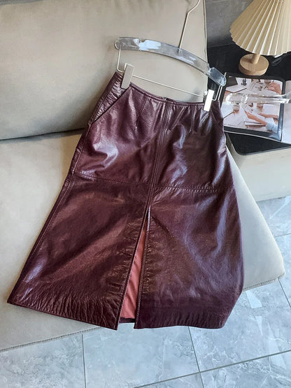 New waxed cowhide slit midi skirt