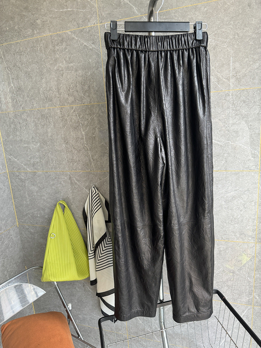 Women Genuine Leather Trousers Elastic Waist Carrot Pants