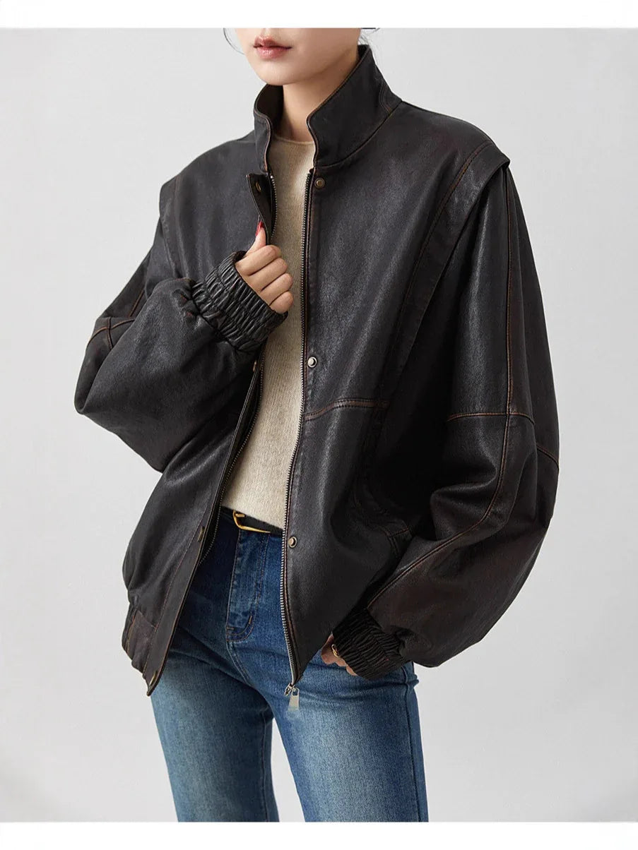 Women oversized vintage sheepskin leather jacket