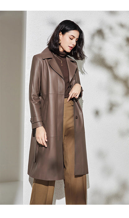 Women Brown Sheepskin Leather Trench Coat with Tie Waist