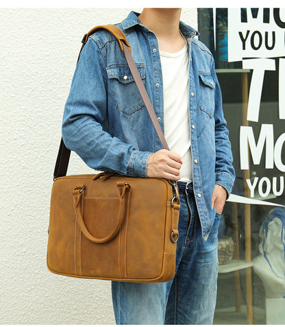Genuine Leather Office Bag with Trolley Sleeve for Men
