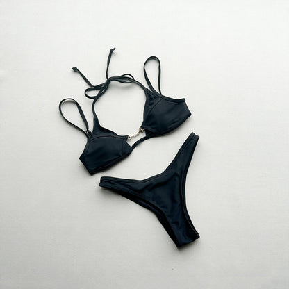 Black Double Strap Two Piece Bikini Set