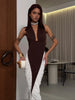 Brown white halter ruched color block maxi dress