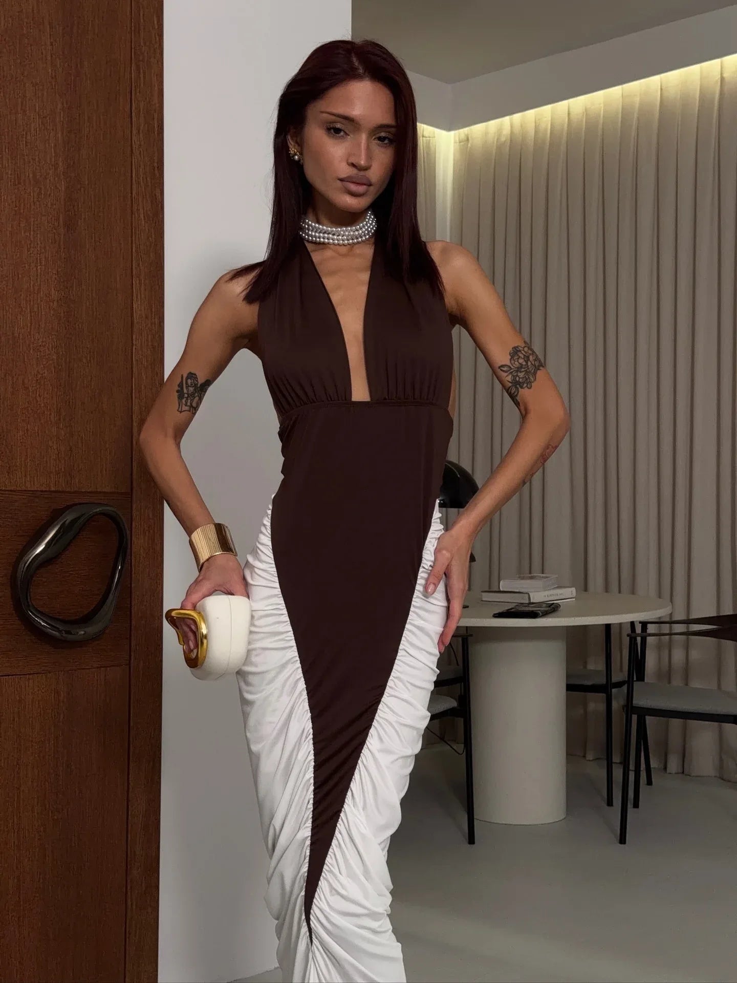 Brown white halter ruched color block maxi dress