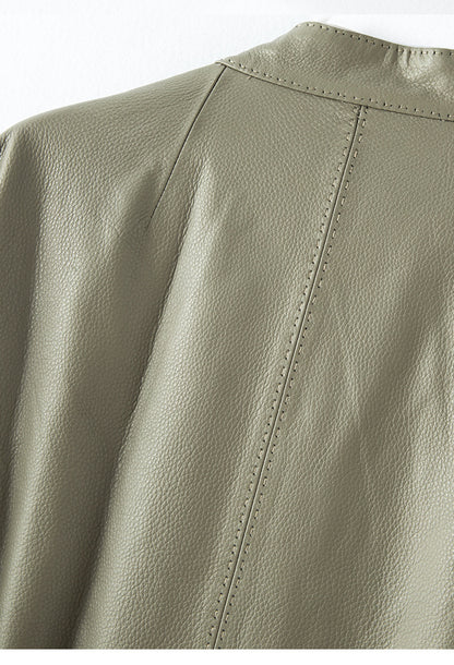 Women Leather Jacket Lychee Grain Belted Short Coat