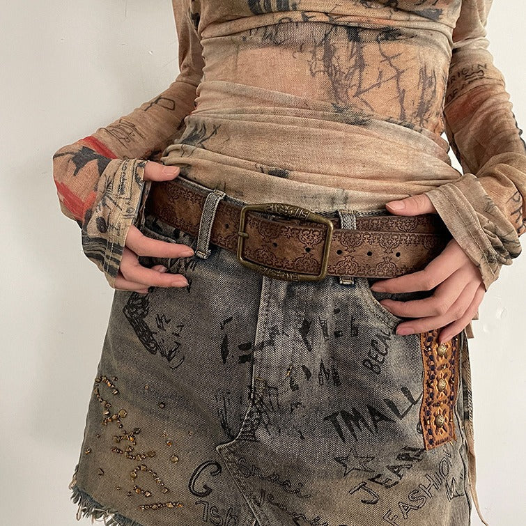 Vintage Printed Faux Leather Belt for Women