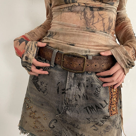 Vintage Printed Faux Leather Belt for Women 1